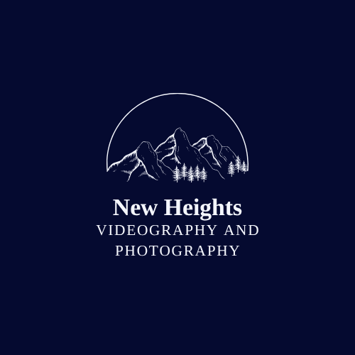 Logo for New Heights Videography and Photography featuring mountain outline and pine trees on a dark background.
