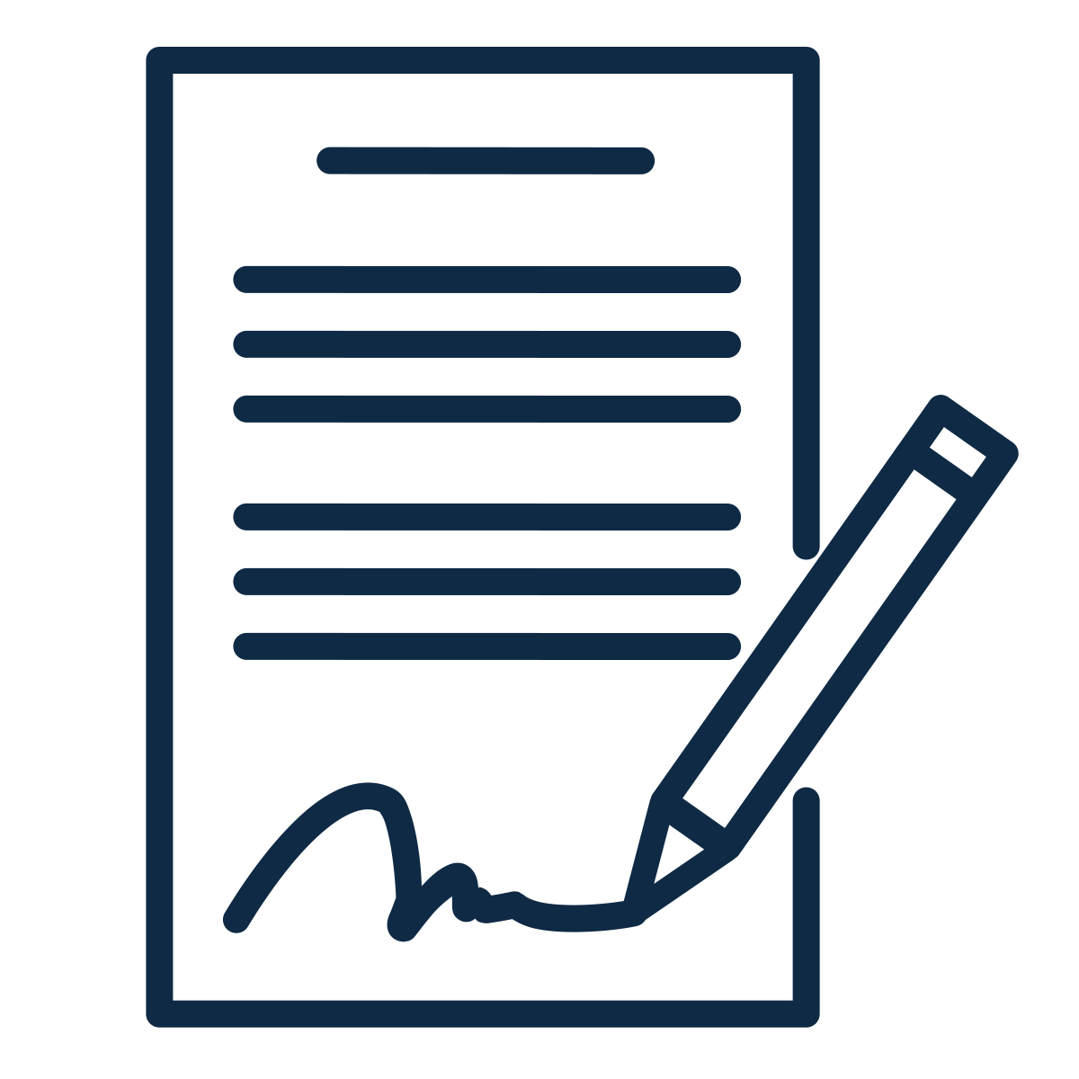 Navy outline of a contract and pen icon