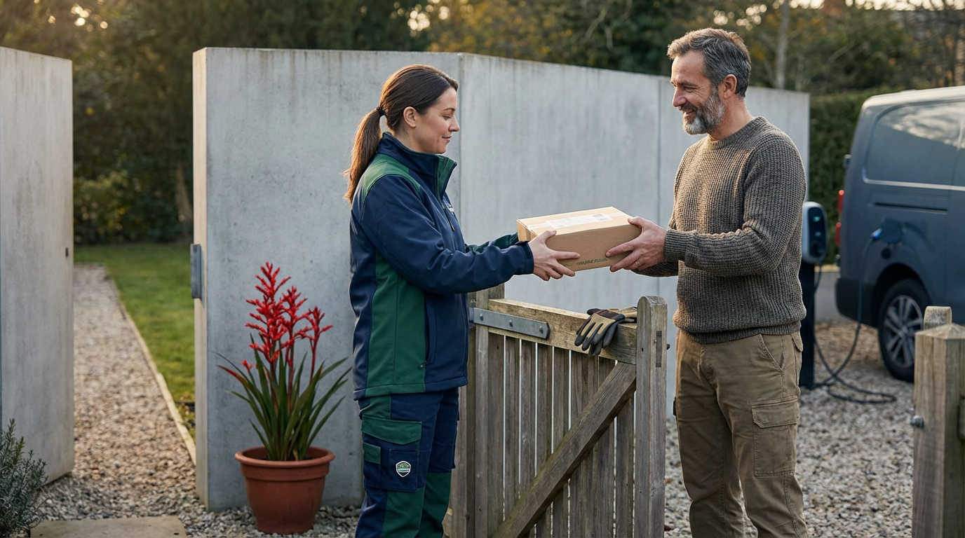 A woman in a blue and green uniform hands a cardboard box to a man in a sweater outside a house with a garden and potted plant.