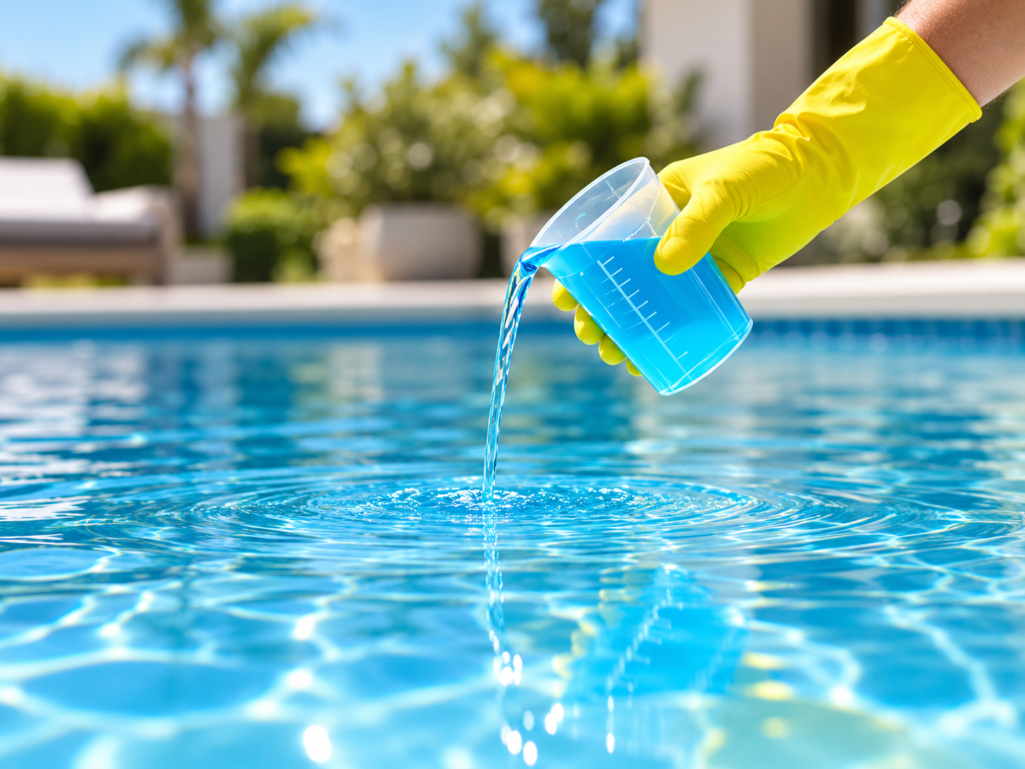 Gloved hand pouring blue pool water treatment liquid from a measuring cup into a swimming pool