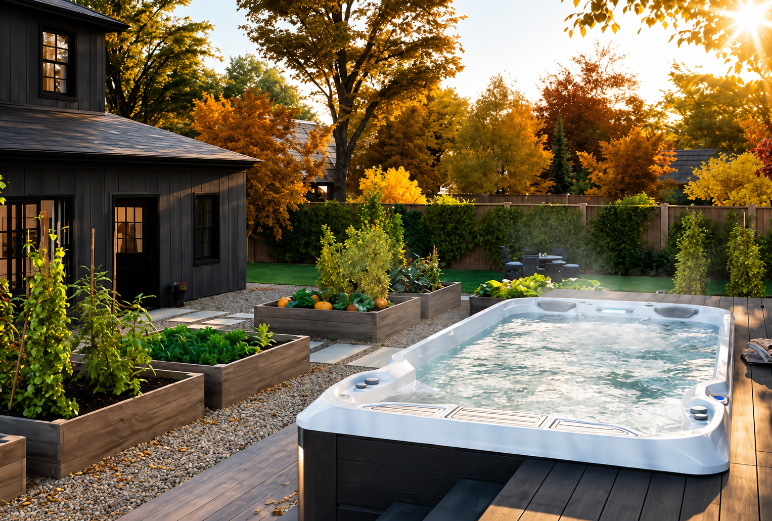 Modern backyard with a bubbling swim spa, raised vegetable garden beds, black garden shed, patio seating, and colorful autumn trees