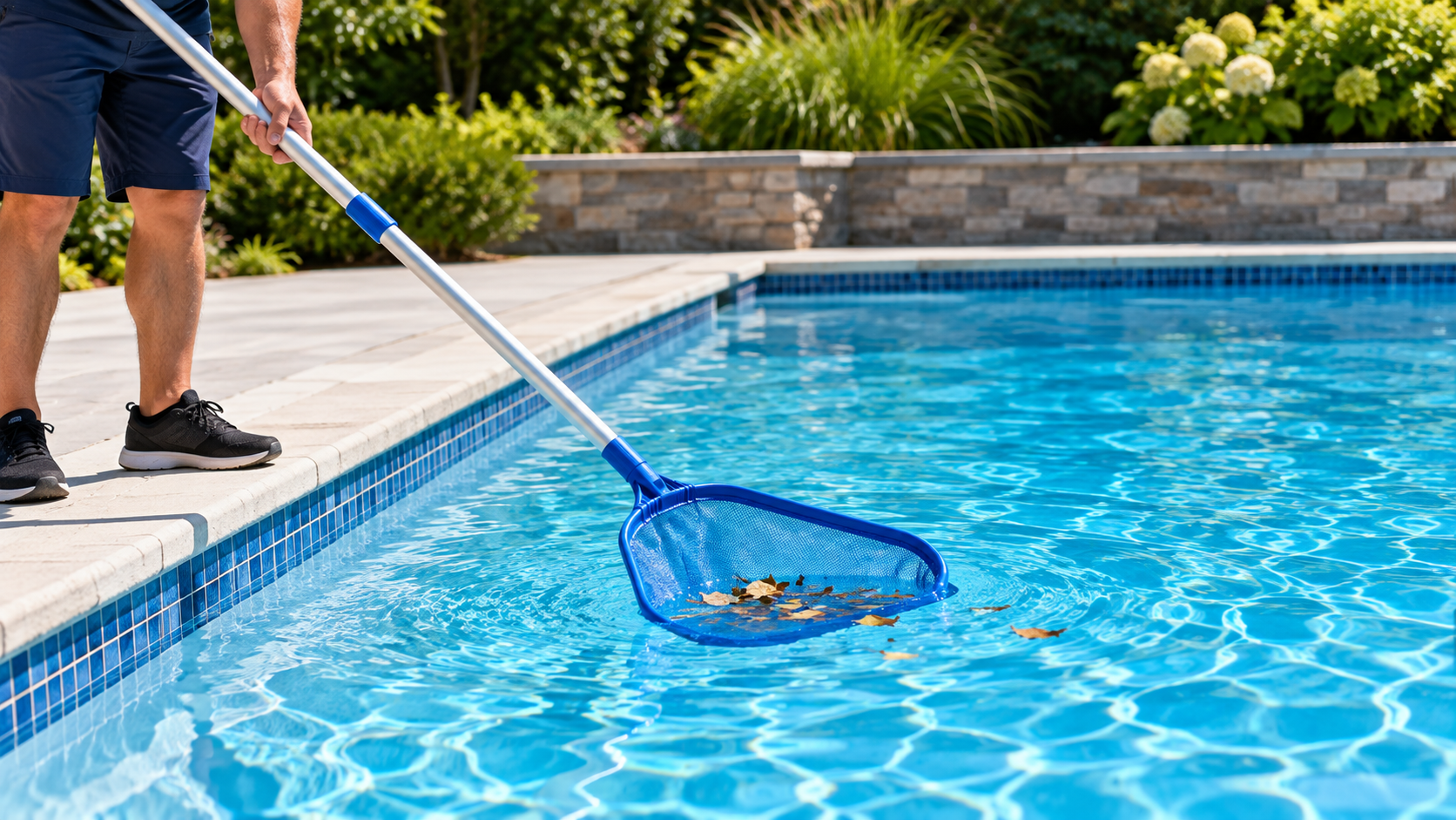 Person skimming leaves from a backyard swimming pool with a blue pool net