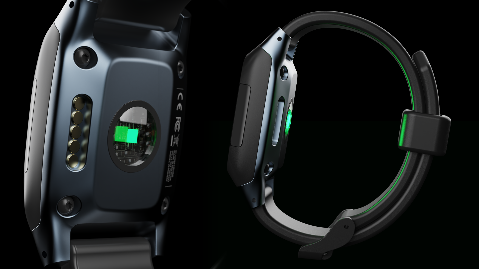 Two futuristic wearableheart rate devices, one resembling a smartwatch with a circular face displaying internal circuitry and a luminous green screen, and the other a head-mounted device with an angular design and green-lit details.