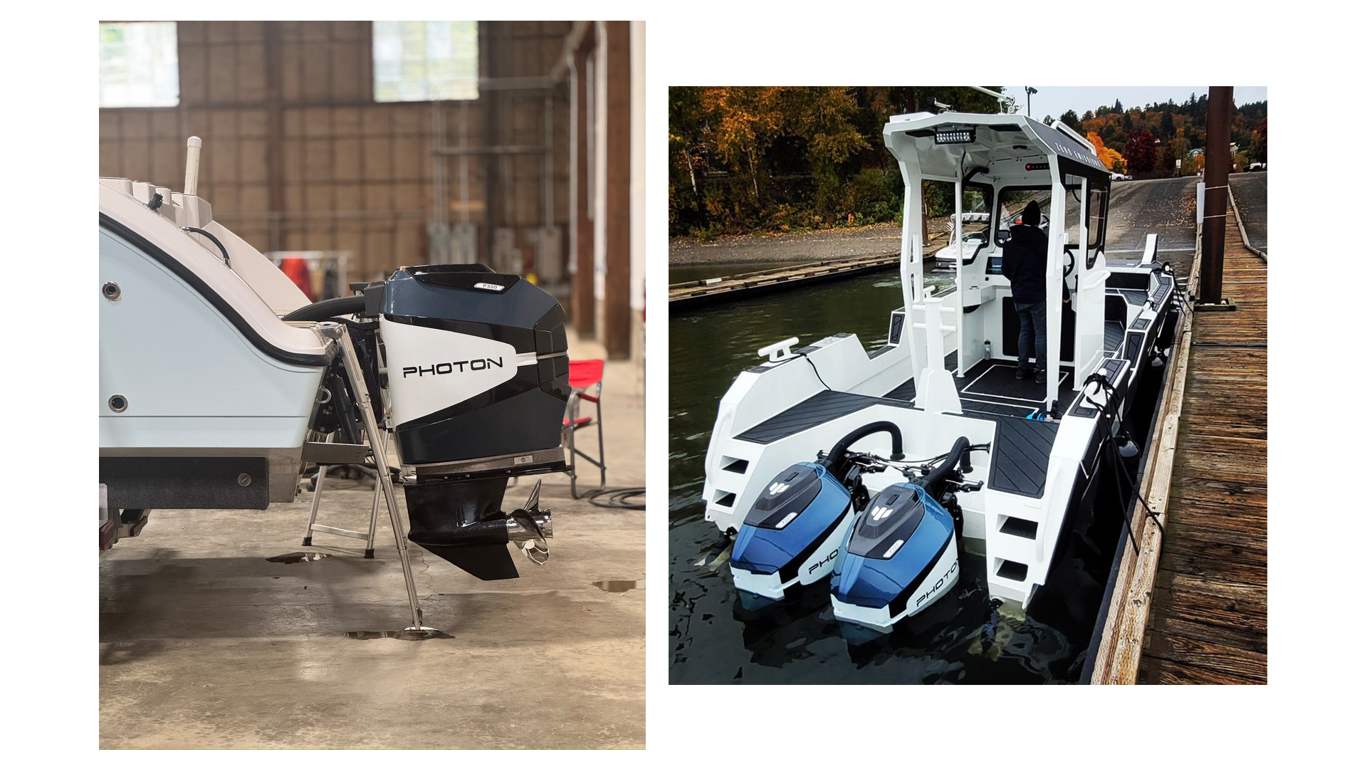 Left side shows a boat engine labeled 'Photon' inside a warehouse, right side shows a white electric boat docked at a marina with two people on board and twin outboard motors labeled 'Photon' at the stern.