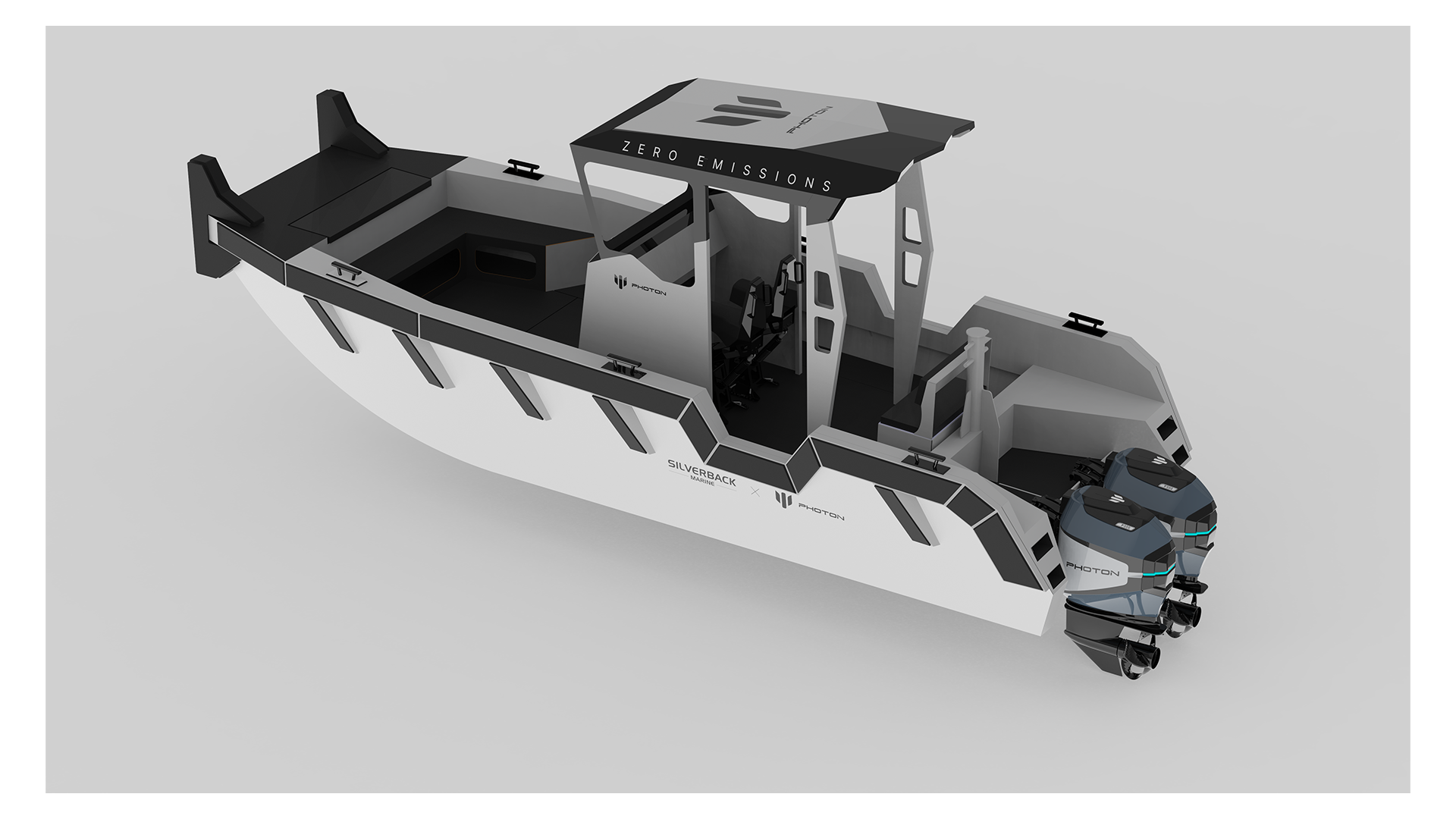 A detailed digital rendering of a futuristic electric boat with dual outboard motors labeled 'Photon,' featuring a sleek design, a covered cockpit with seating, and branding promoting zero emissions.