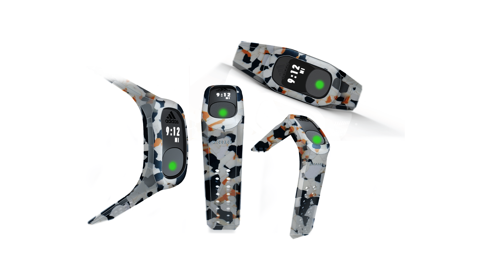 Multiple Adidas and Coach fitness trackers with a camouflage pattern, displaying the time 9:12 and heart rate icon, arranged on a white surface.