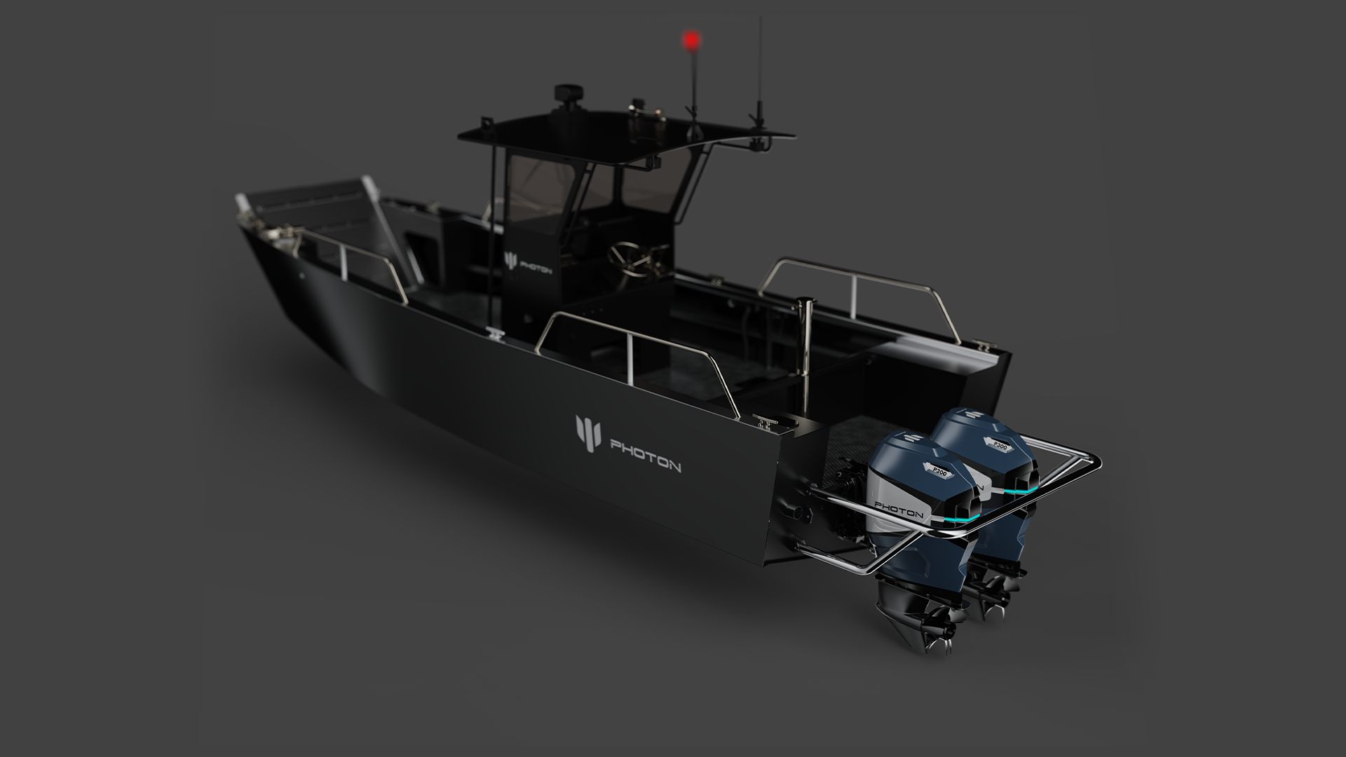 A sleek black motorized boat with two Photon brand outboard motors at the stern, a black cabin with an antenna and radar equipment, and a minimalist design against a dark background.