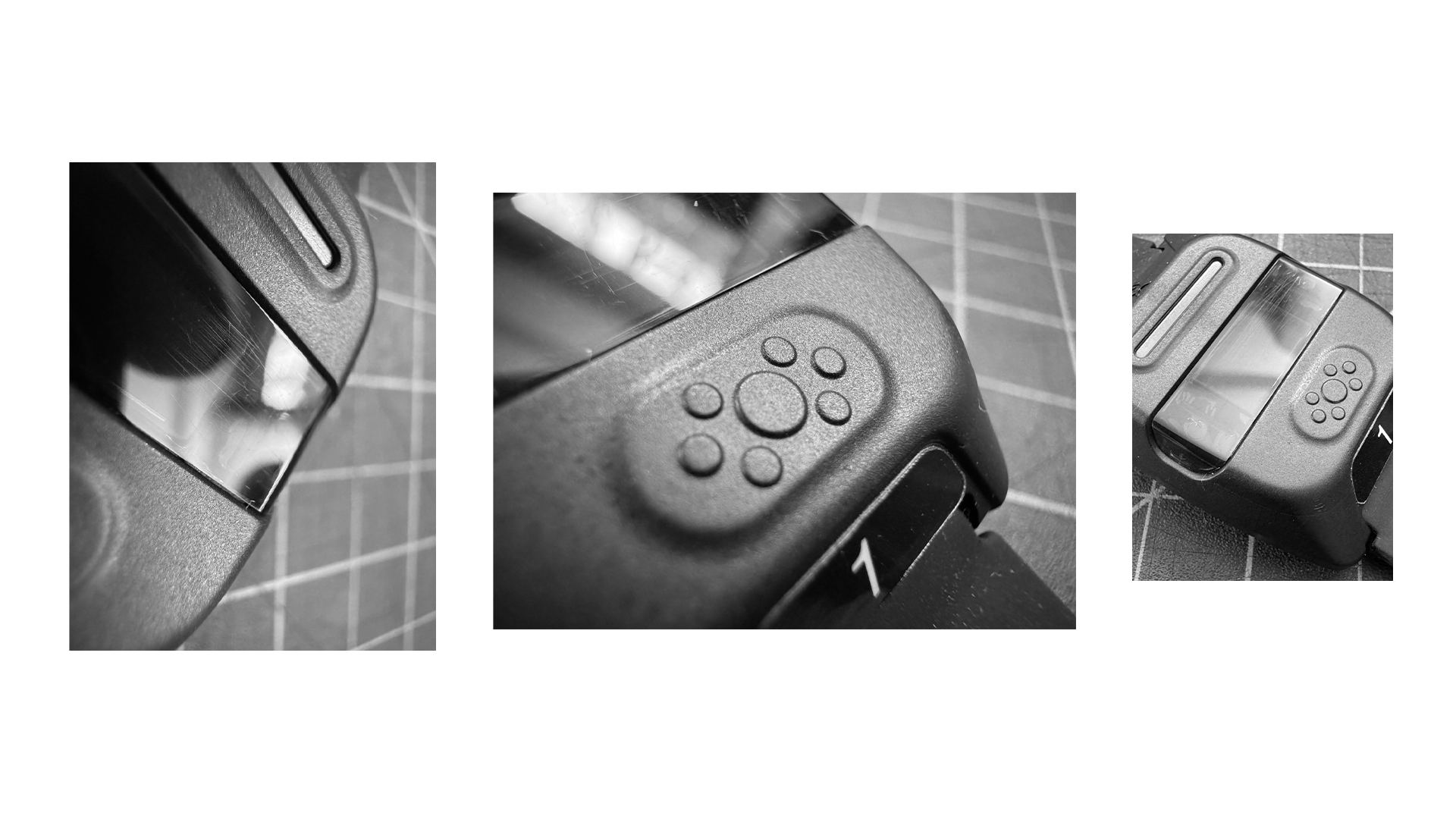Close-up of control buttons, and a remote control with circular buttons