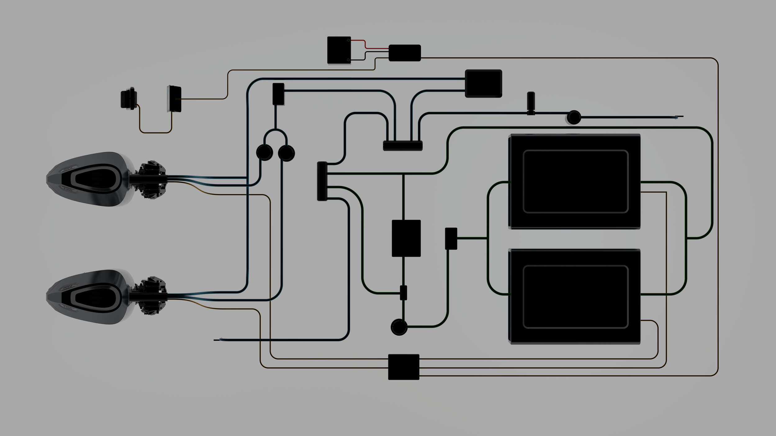 Diagram of electric wires and components o fan electric motor design, including batteries, and motors.