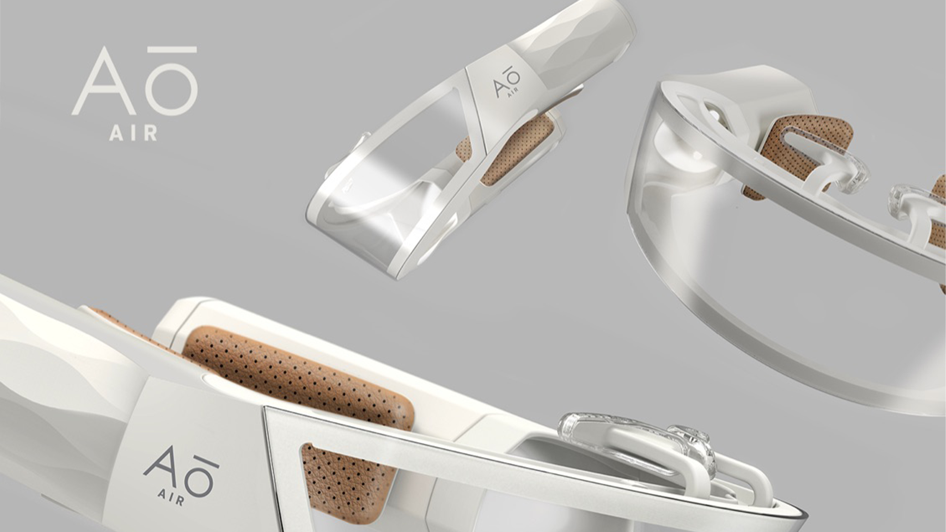 Multiple sleek, white, futuristic-looking devices with brown perforated pads and clear parts, branded with 'ÀO AIR', floating against a light gray background.