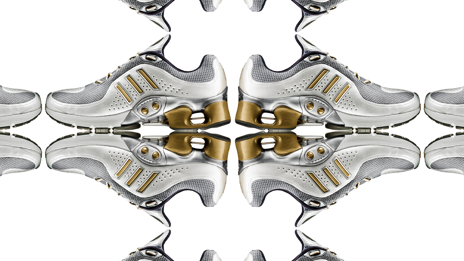 Multiple white and gray adidas Adidas 1running shoes with gold accents arranged in a symmetrical pattern, reflected on a white surface.