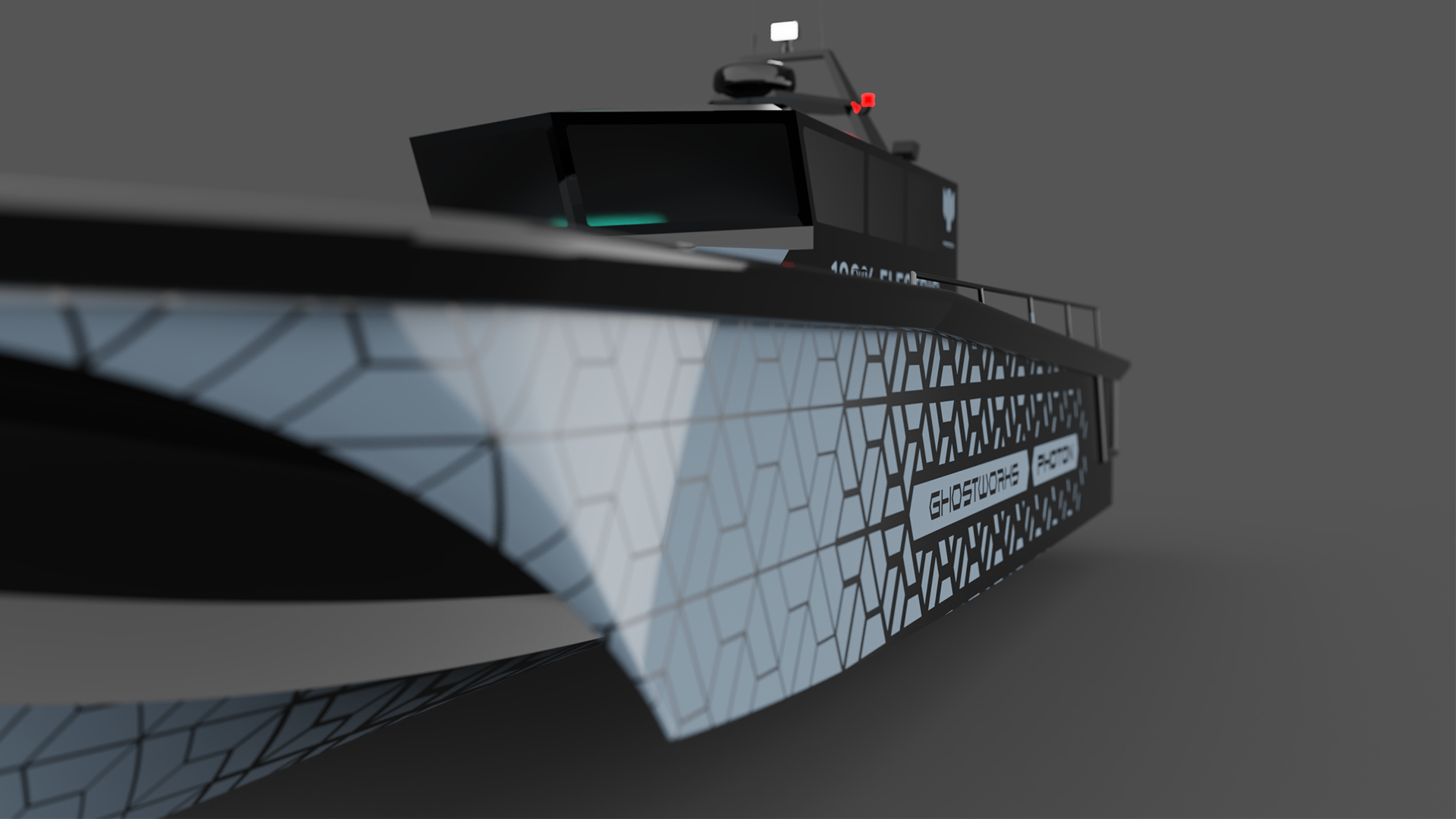 Close-up view of a futuristic, black and white robotic vehicle with honeycomb patterns on its surface, featuring the word 'GHOSTURBAN' on the side, set against a plain gray background.