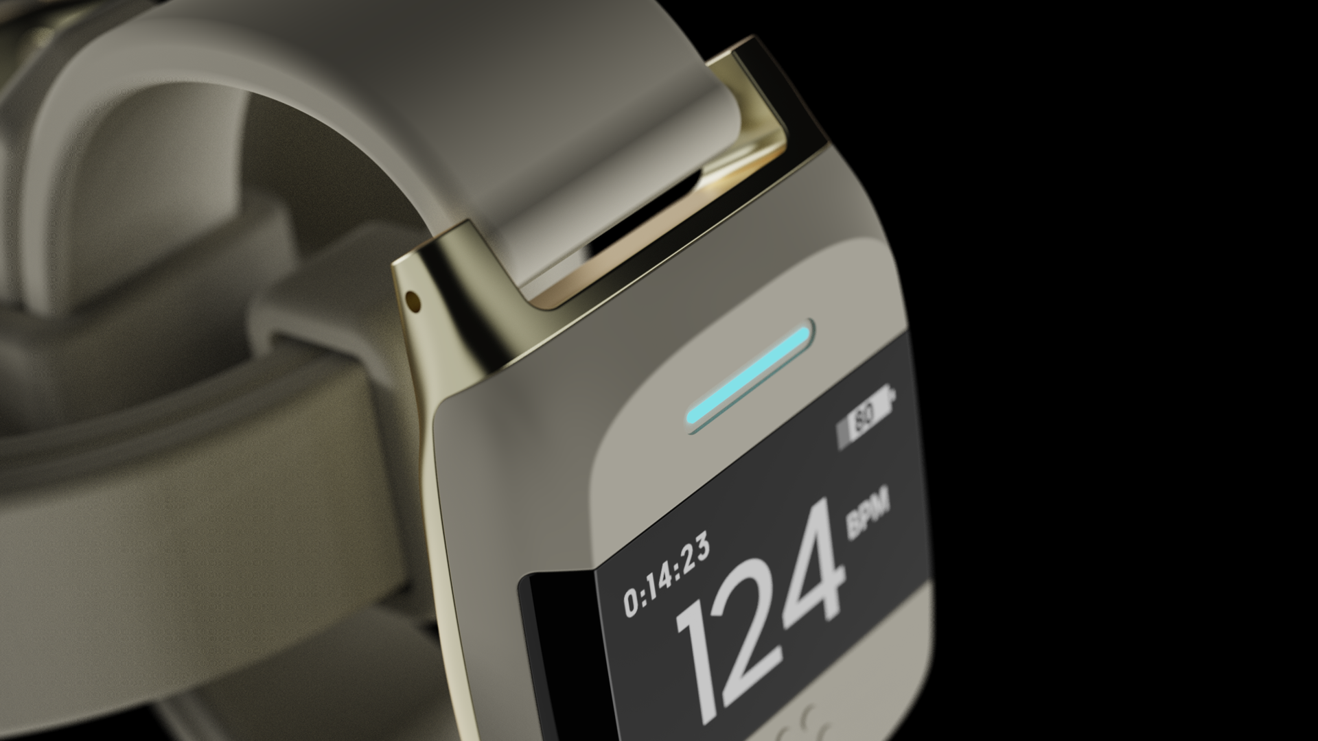 Close-up of a smartwatch showing the time 12:45, with some icons and health data on the digital display, and part of a fitness tracker or smartwatch band visible.