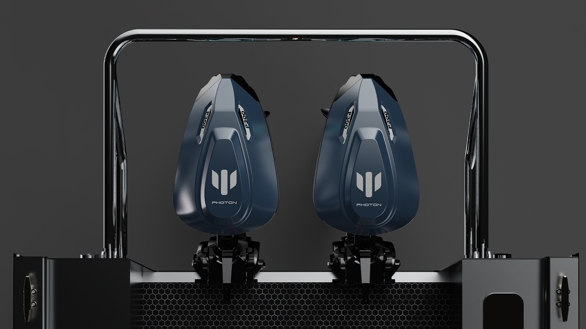 Close-up of a pair of black Electric Outboard Motors 'Photon' mounted on the outside of a boat with a black background.