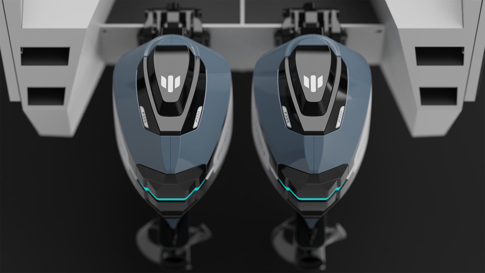 Two futuristic robot-like outboard motors, with power lights, symmetrical design, and glowing blue accents, placed on a black reflective surface.