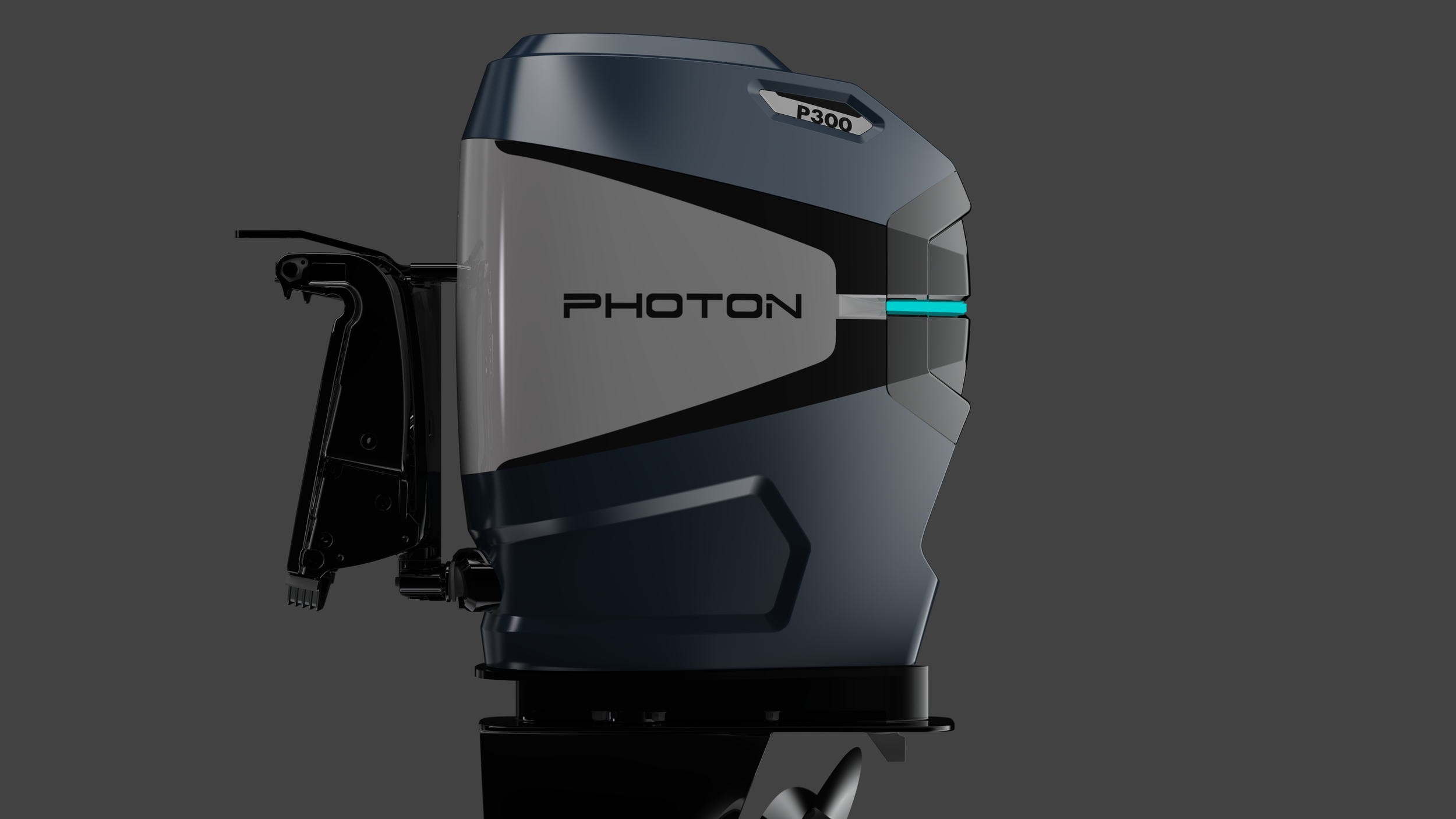 A modern outboard motor labeled P300 with a sleek black and gray design, displayed against a dark background.