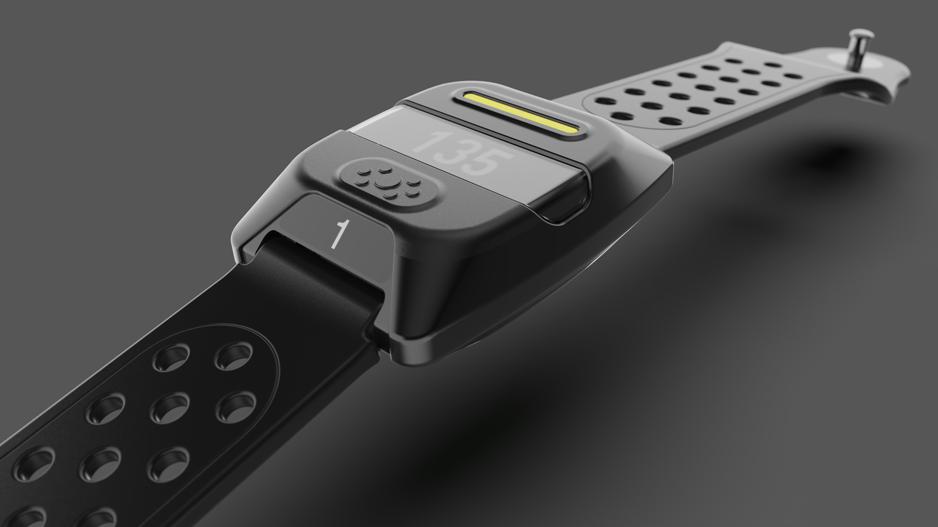 Close-up of a futuristic digital smartwatch with a black strap, digital display, and metallic details, set against a gray background.