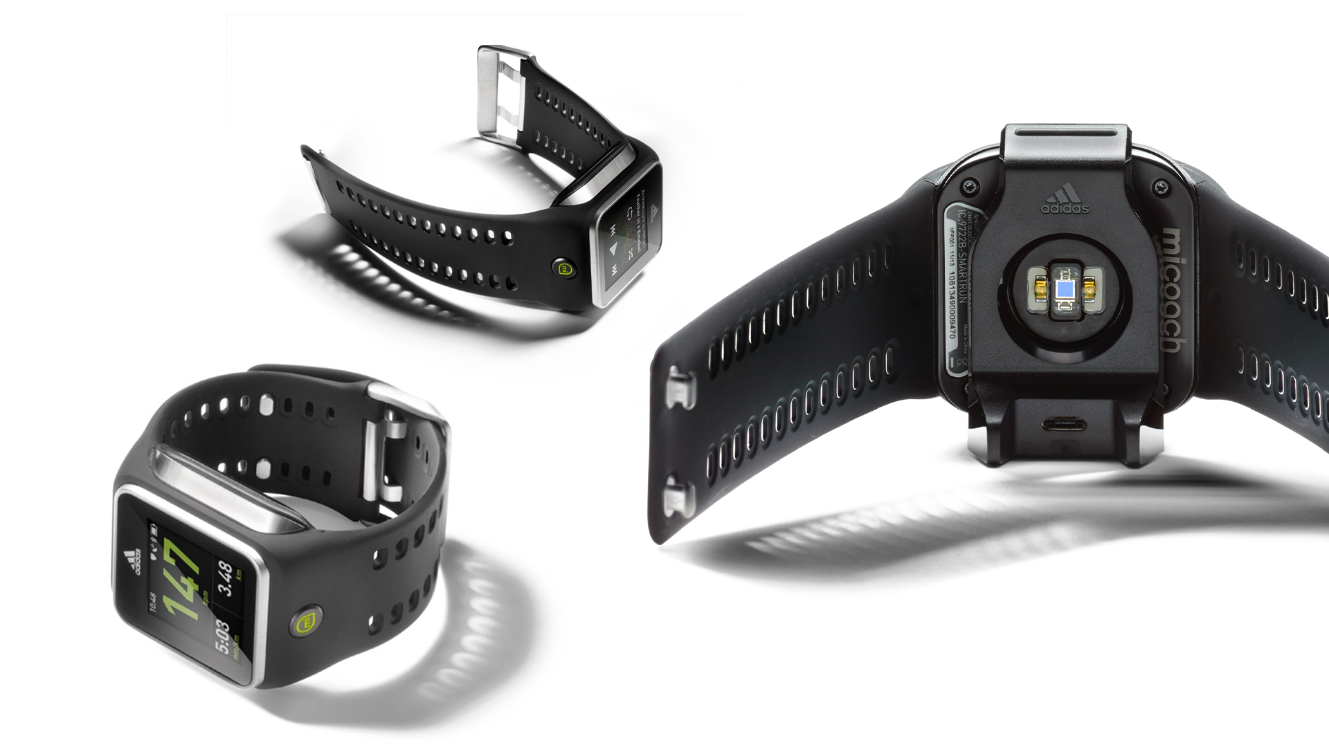 Multiple fitness smartwatches with black bands displayed on a white background.