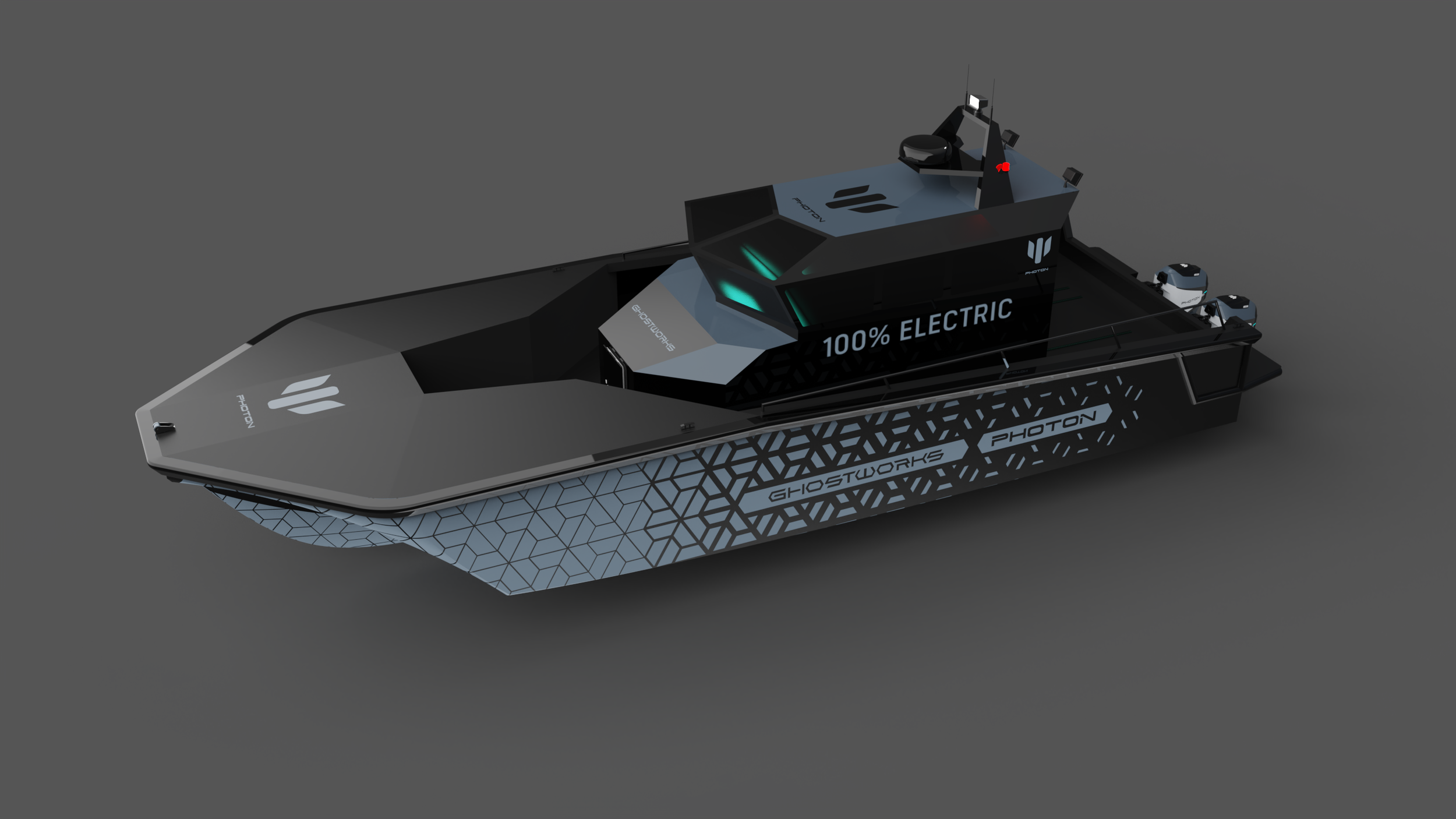 A futuristic, 100% electric, autonomous boat with a sleek, angular design, black and gray color scheme, displaying logos and the words '100% ELECTRIC' and 'GHOSTWORKS' on its body.