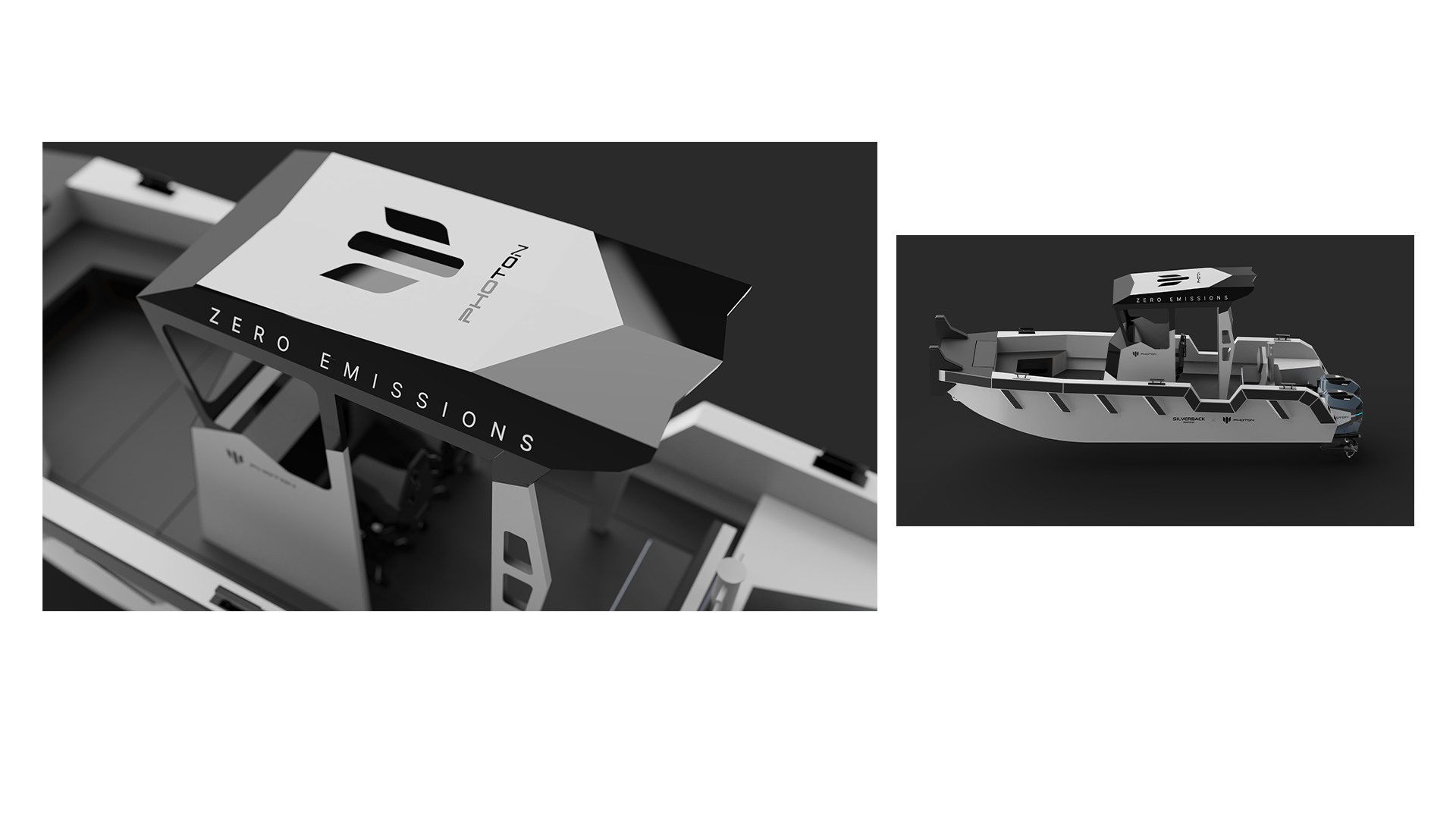 A sleek, modern boat design with a large sunshade bearing the text 'ZERO EMISSIONS' and the logo 'PHOTON'.