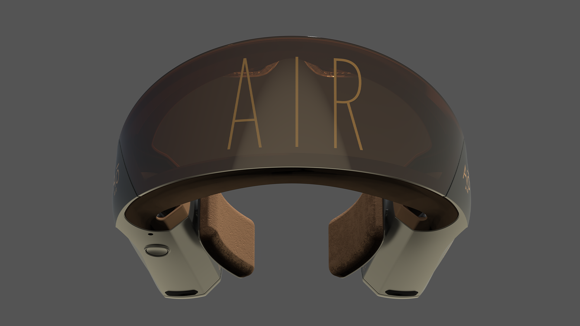 A modern, high-tech helmet with the letters 'AIR' displayed on the transparent visor for filtering pollution.