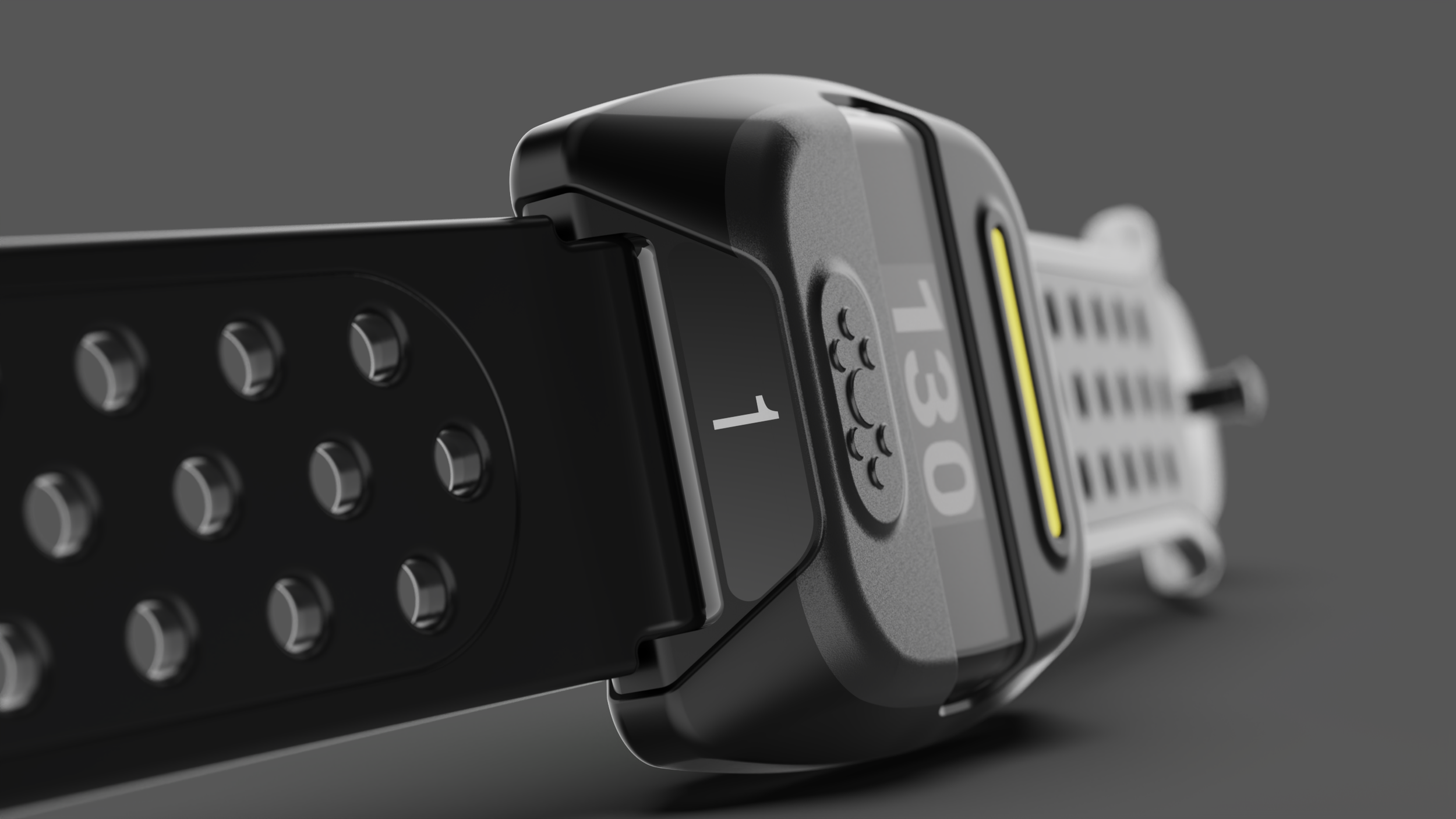 Close-up of a digital heart rate watch showing buttons labeled 1, 2, 3, and 0, with a yellow accent line, against a gray background.