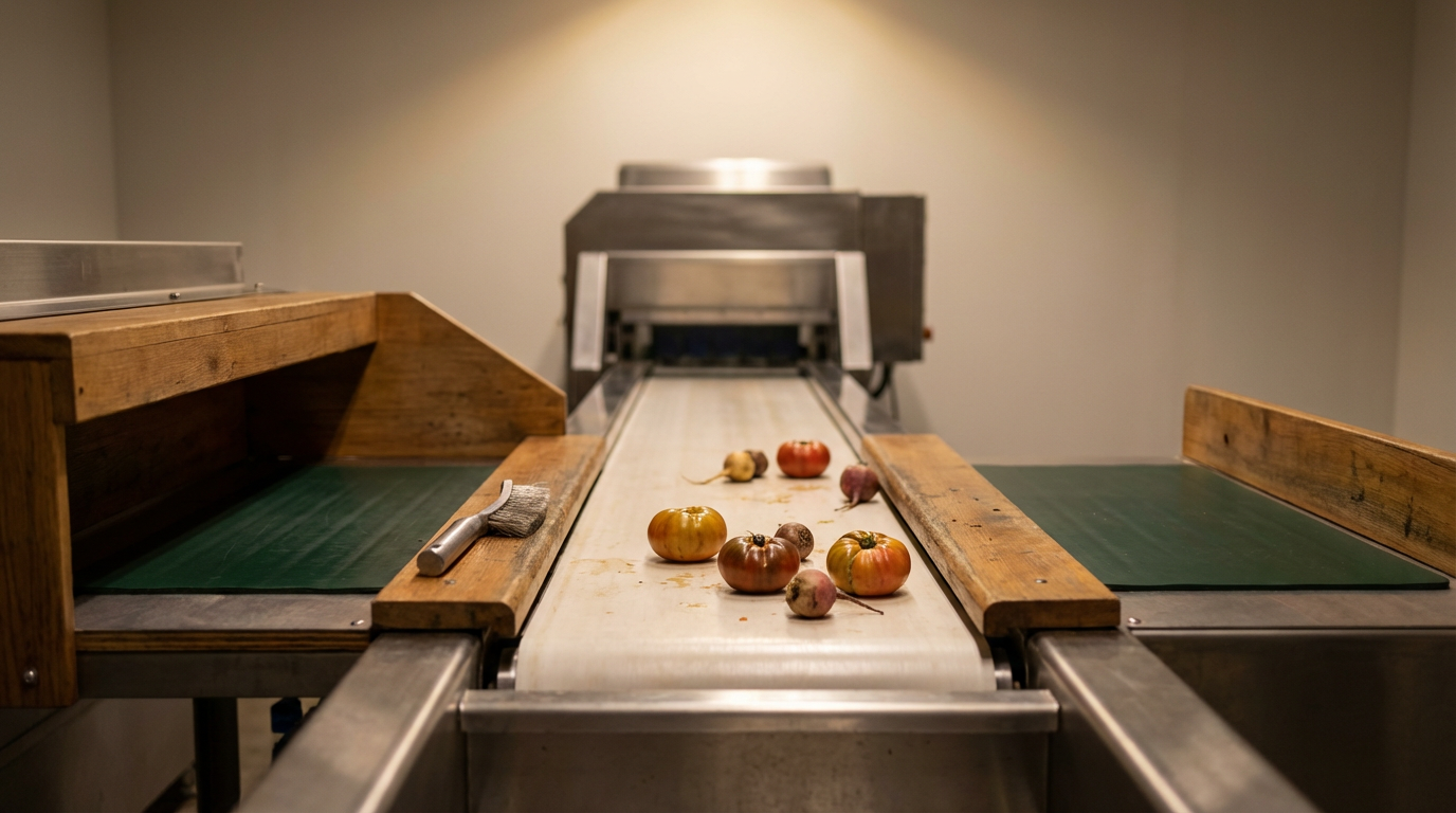 A food processing conveyor belt with tomatoes and vegetables in a food processing plant.