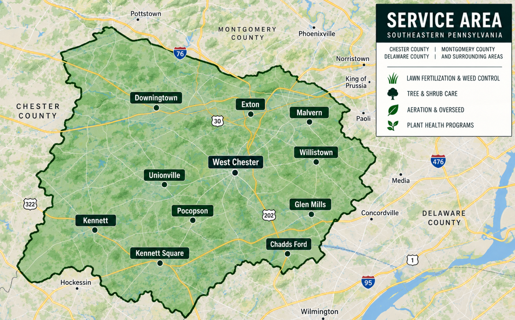 Map showing service areas in southeastern Pennsylvania, including towns such as Downingtown, Exton, Malvern, Willistown, West Chester, Unionville, Kennett, Kennett Square, Pocopson, Glen Mills, and Chadds Ford, with a legend indicating lawn fertilization, tree and shrub care, aeration and overseed, and plant health programs.