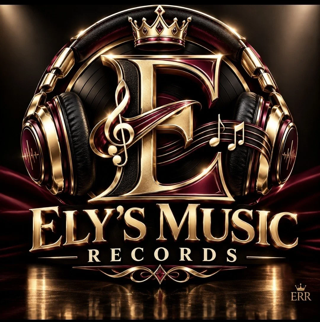 A logo for Ely's Music Records featuring gold and black headphones, a large ornate letter 'E', musical notes, a crown, and the text 'Ely's Music Records' with decorative elements.