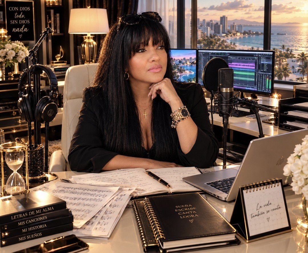 A woman sitting at a cluttered desk with music sheets, notebooks, and a laptop, in a room with large windows showing a city skyline and ocean at sunset.