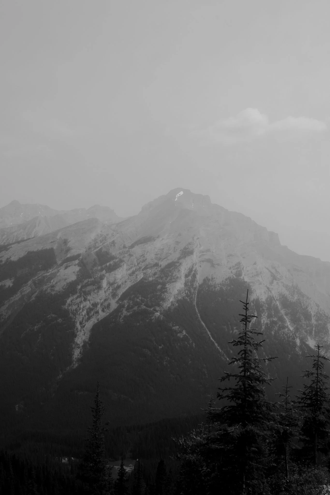 Black and white photograph of rugged mountain peaks with some snow patches, forests at the base, and clouds in the sky.