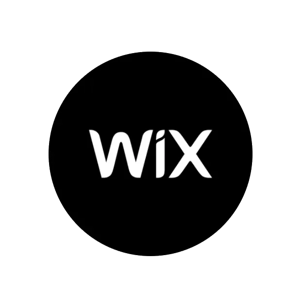 Wix logo in black and white with the word 'Wix' inside a black circle