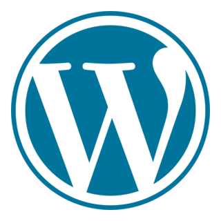 WordPress logo with a blue background and black outline.