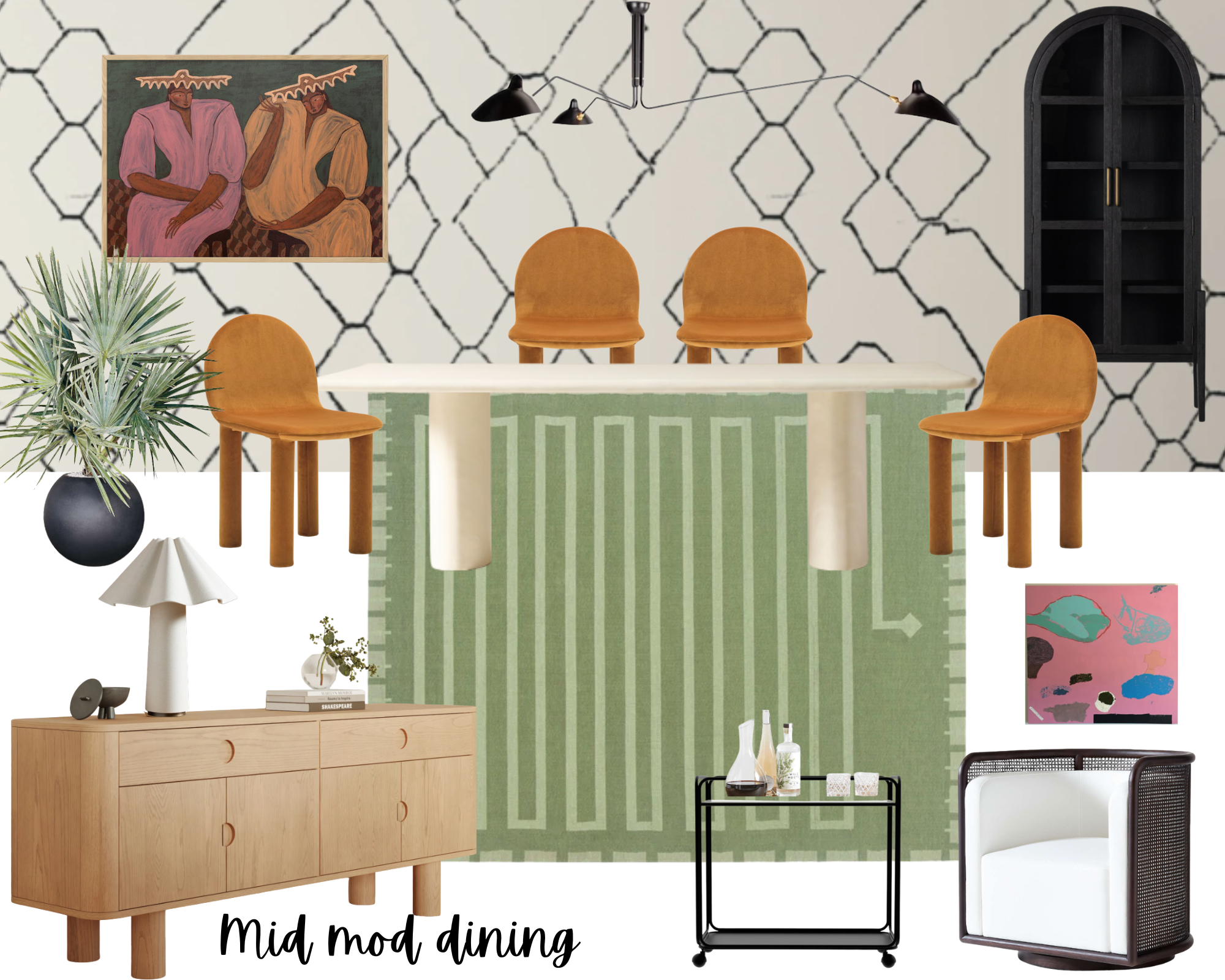 Interior design image showing a dining area with a white table, four orange chairs, a black wall-mounted light fixture, black cabinet, colorful abstract art, and various decorative objects including a green plant, a wooden sideboard, and art books.