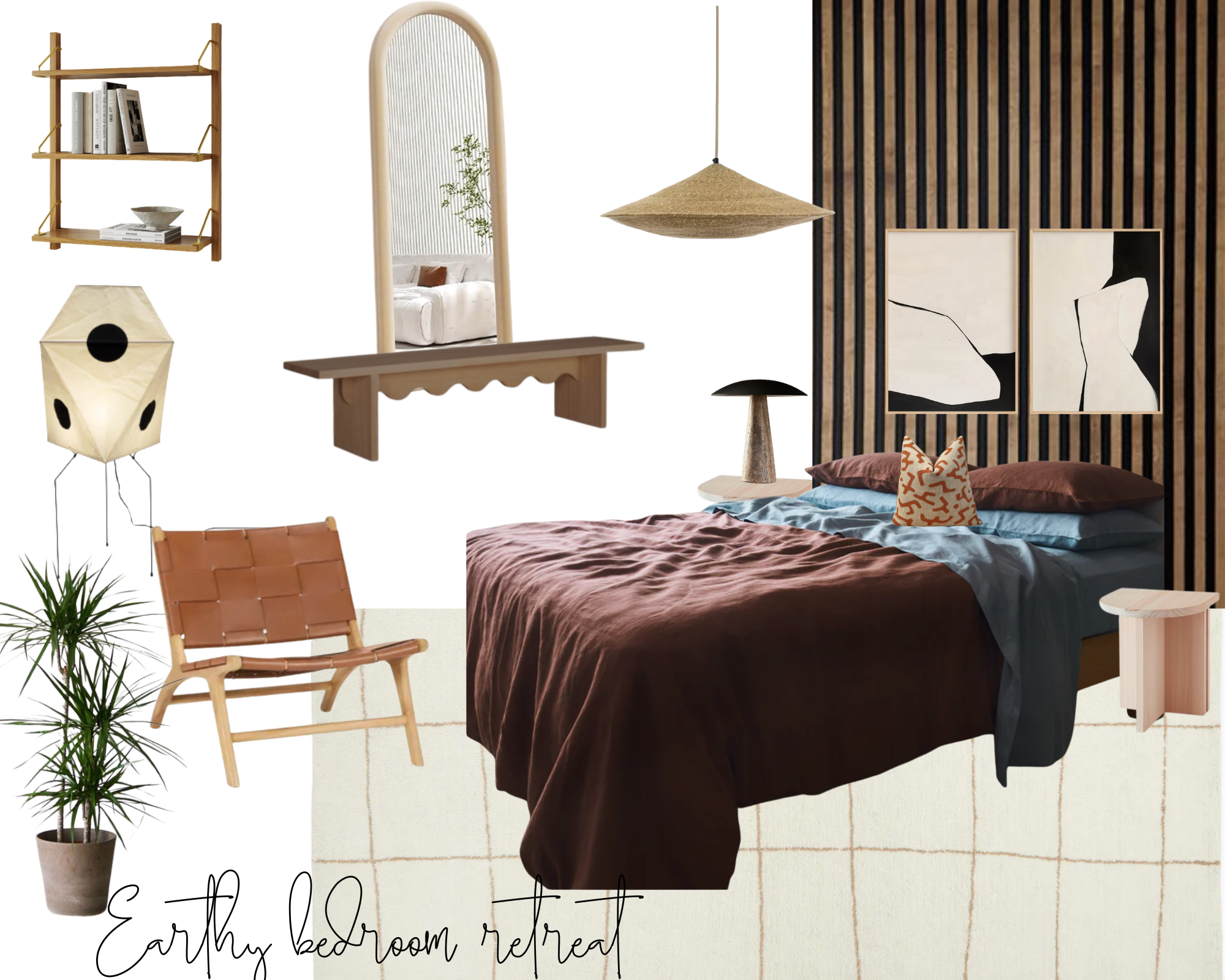 Collage of bedroom decor items including a wooden bookshelf, mirror, pendant light, modern wall art, floor lamp, bed with bedding, side table, potted plant, and a leather chair with text reading 'Earthy bedroom retreat'.