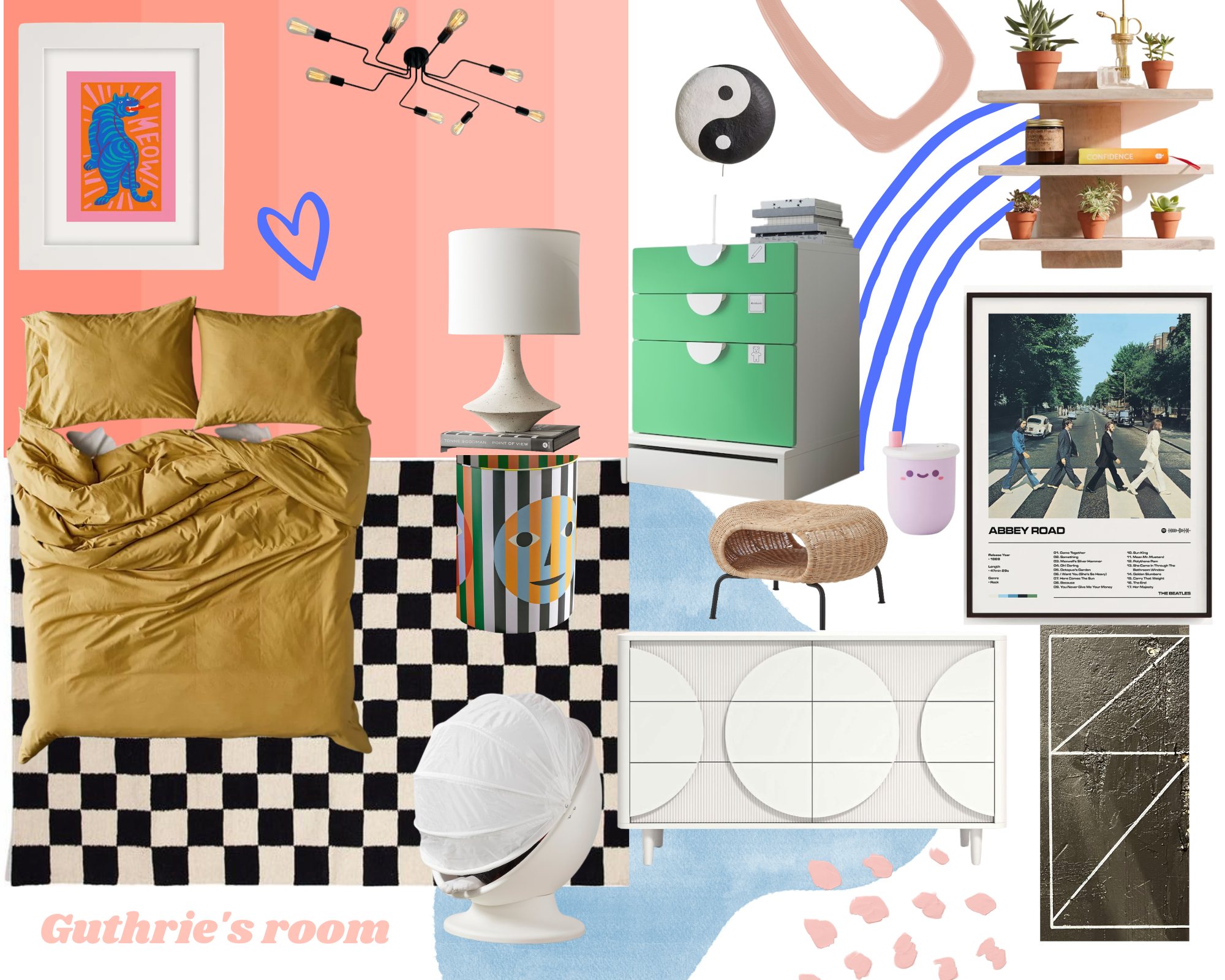 Colorful collage of interior design elements including a framed cartoon illustration of a blue tiger with pink background, modern light fixture with exposed bulbs, yin-yang sculpture, small potted plants on a wooden shelf, green filing cabinet, white lamp, framed poster of The Beatles' Abbey Road, and a white wardrobe on a black and white checkered rug.