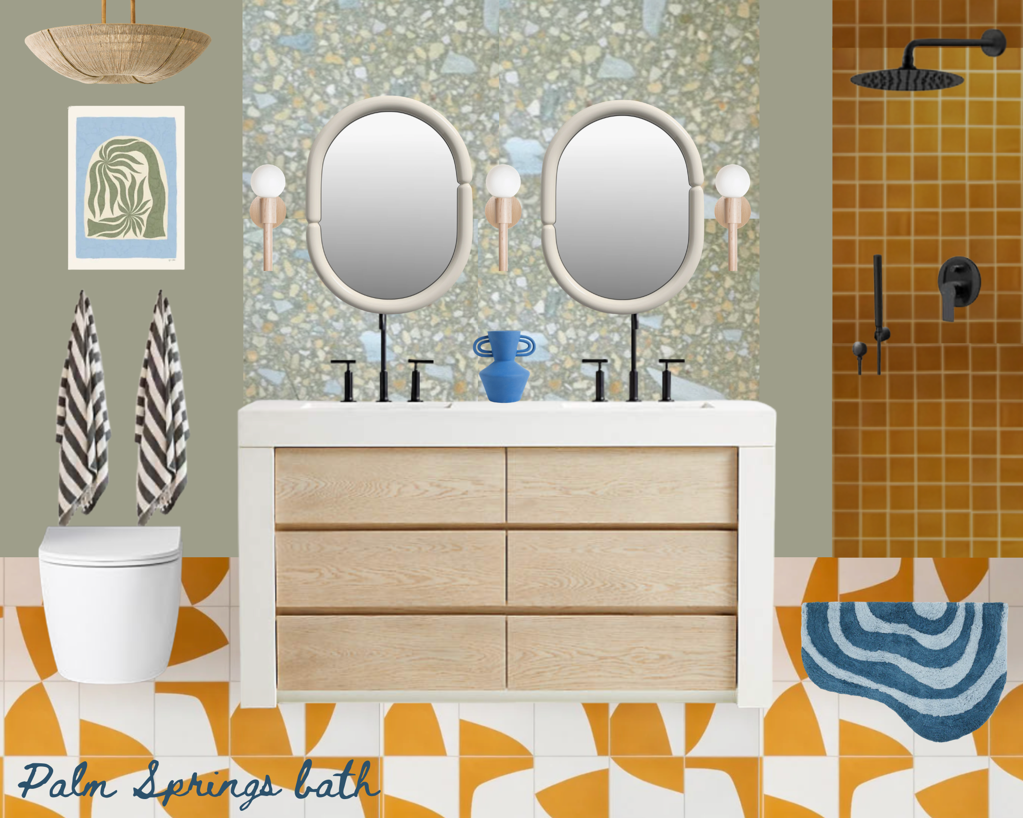 A modern bathroom with a white vanity, two oval mirrors, and a blue vase. The walls feature a mix of green, speckled, and orange tiles. Decor includes a wooden light fixture, artwork, black fixtures, black-and-white striped towels, a toilet, a blue and white patterned rug, and a blue towel with orange and blue patterns.