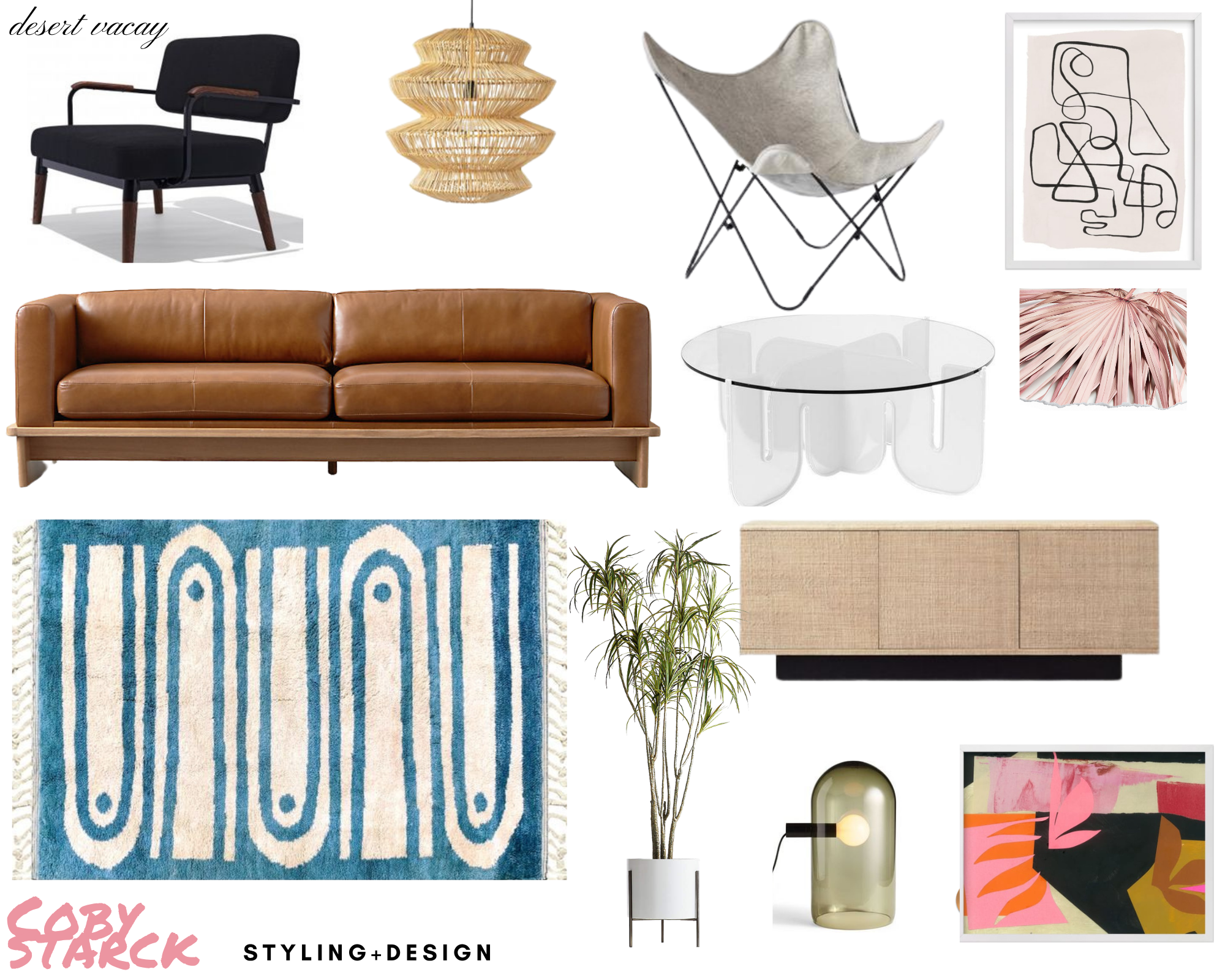 Collage of interior design and furniture items including a black and wood armchair, rattan pendant lamp, gray butterfly chair, abstract art print, brown leather sofa, glass coffee table, pink palm frond decor, abstract patterned rug, potted plants, modern table lamp, and colorful artwork.
