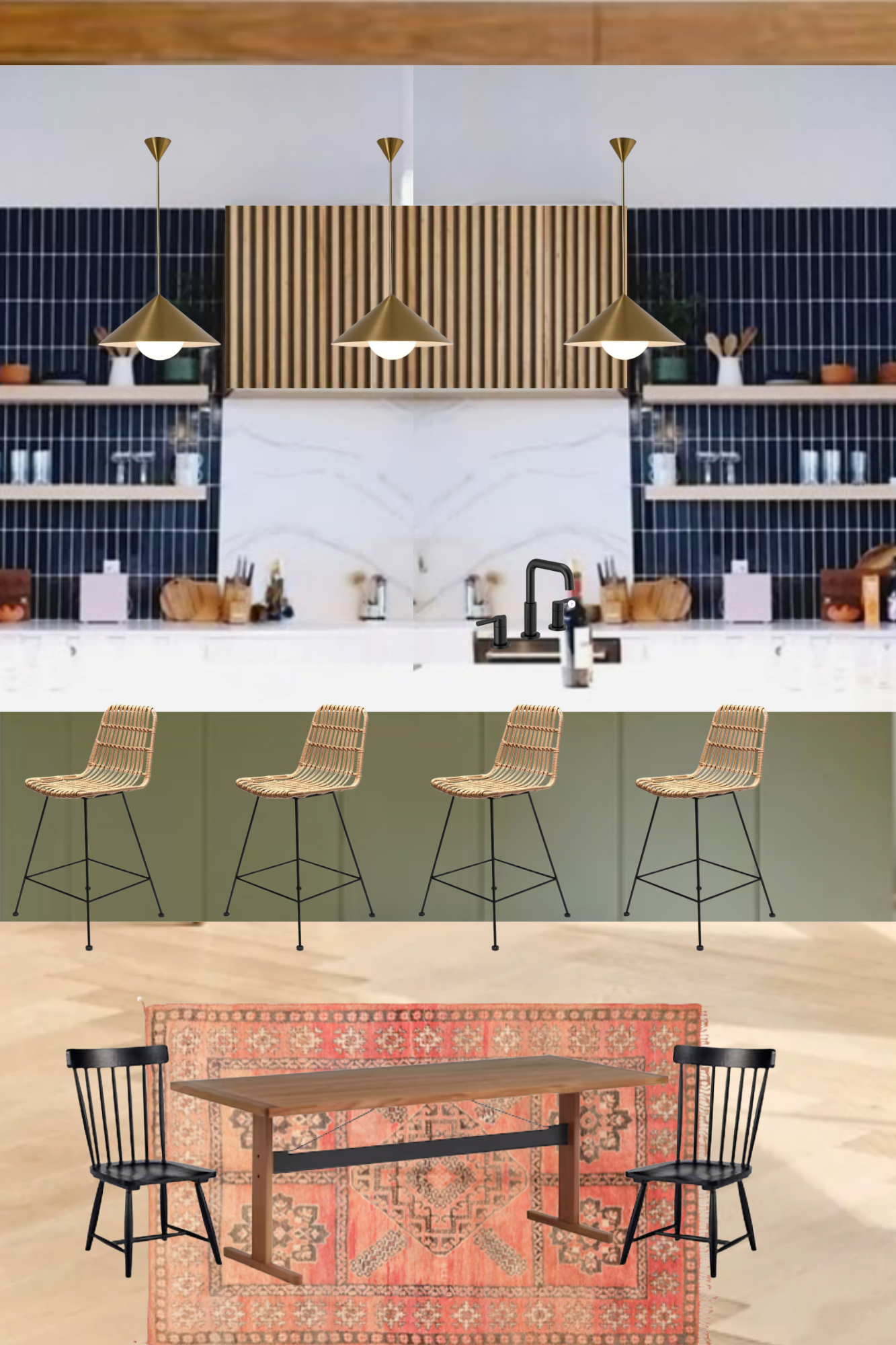 Interior of a modern kitchen and dining area with hanging pendant lights, open shelving with kitchen items, a marble backsplash, bar stools, a wooden table, and a patterned red rug.