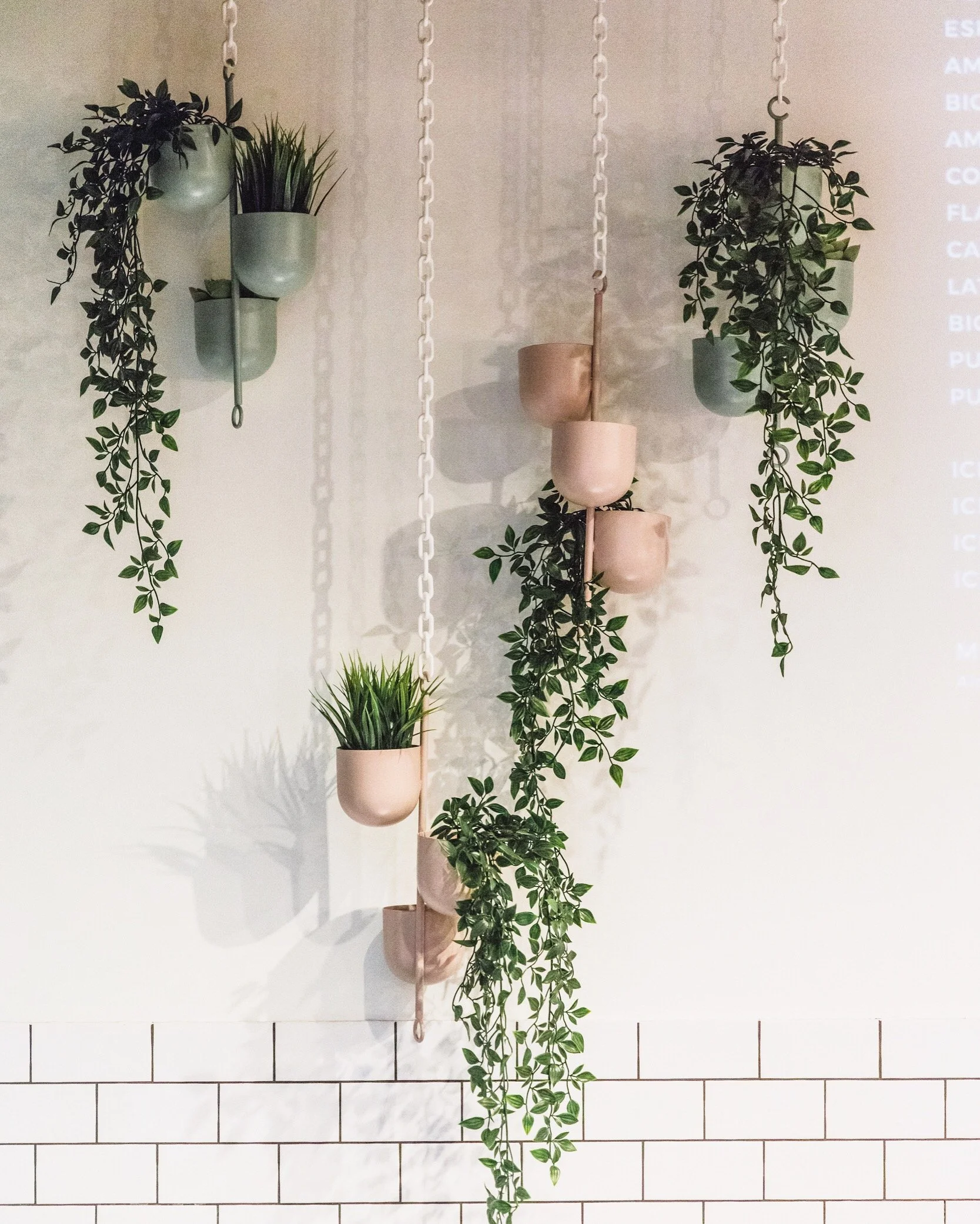 A vertical garden display with hanging planters and cascading green plants against a wall partially tiled at the bottom.