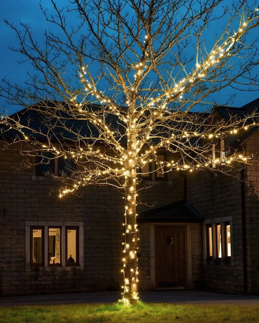 Warm white lights wrapped on a large bare tree in front of a stone house