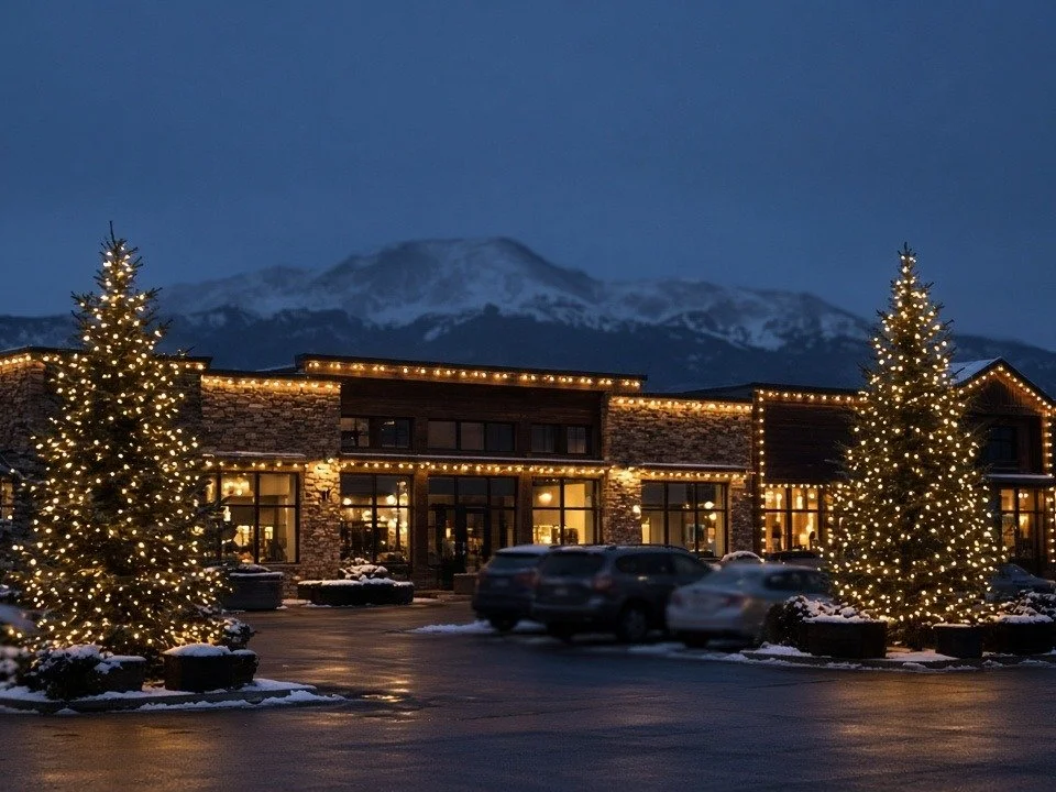 Warm white roofline lights and wrapped evergreens on a mountain-town retail plaza at night