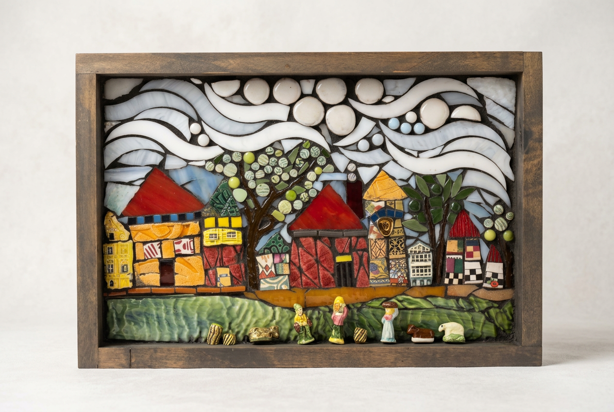 A colorful mosaic art piece depicting a village scene with houses, trees, and figurines in a wooden frame.