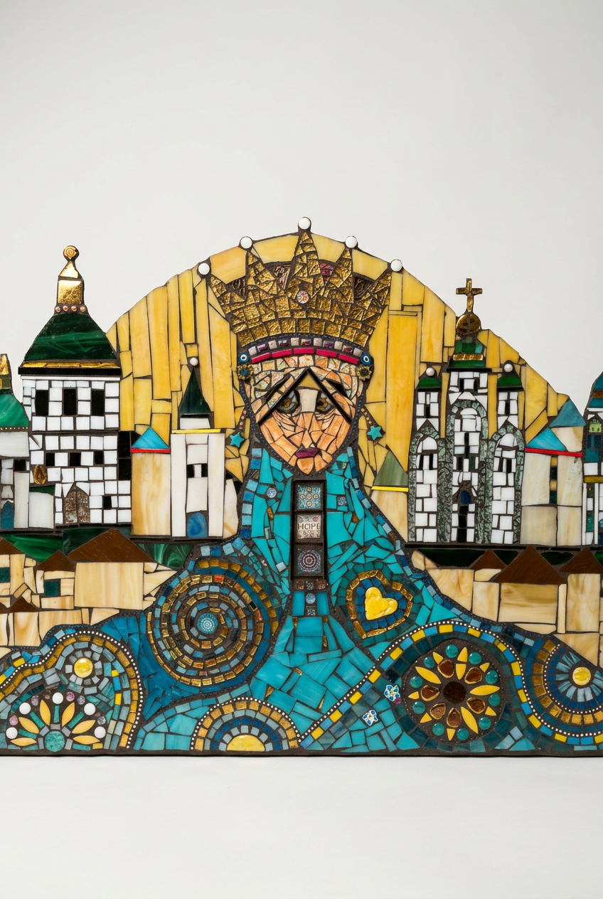 A stained glass mosaic depicting a woman with a crown, wearing a blue garment, representing a religious or regal figure, with architectural structures in the background.