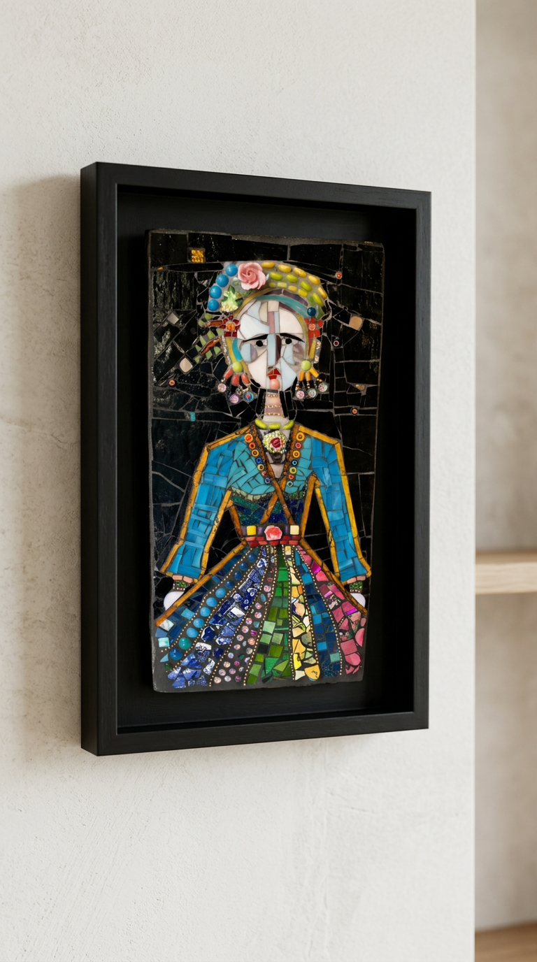 A framed mosaic artwork of a woman dressed in colorful traditional attire, with a detailed, patterned skirt, a blue jacket, and jewelry, assembled from small, vibrant glass or ceramic pieces, hung on a beige wall.