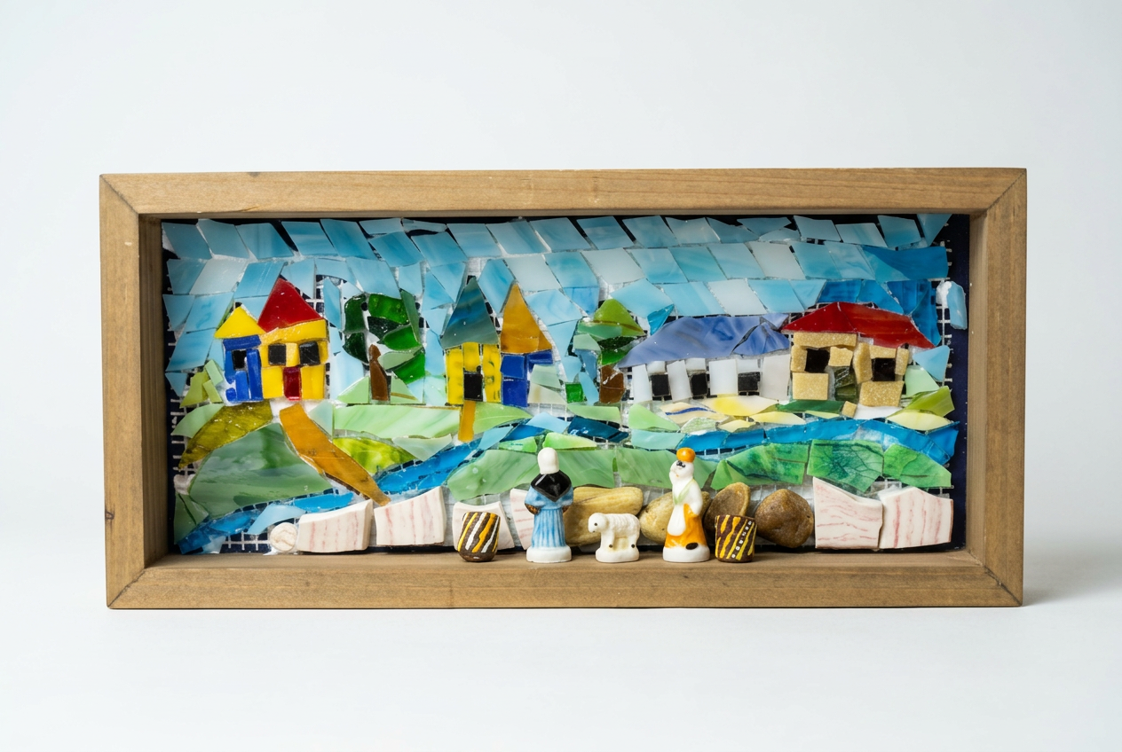 A mosaic art piece inside a wooden frame depicting a colorful village scene with houses, trees, a river, and figures, created with small pieces of glass and ceramic.