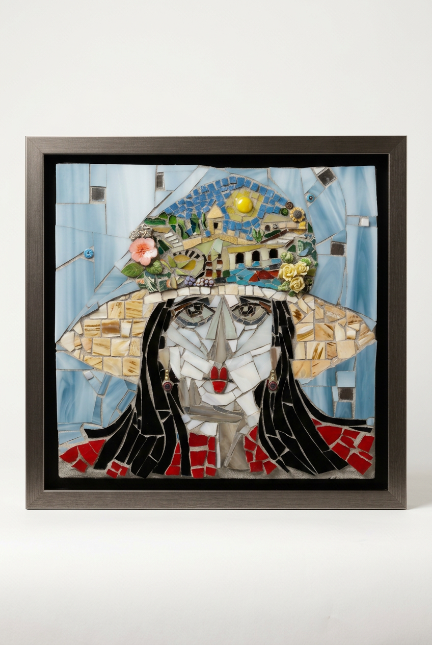 Mosaic art of a woman with long black hair wearing a wide-brimmed hat decorated with a landscape scene and flowers, framed in black.