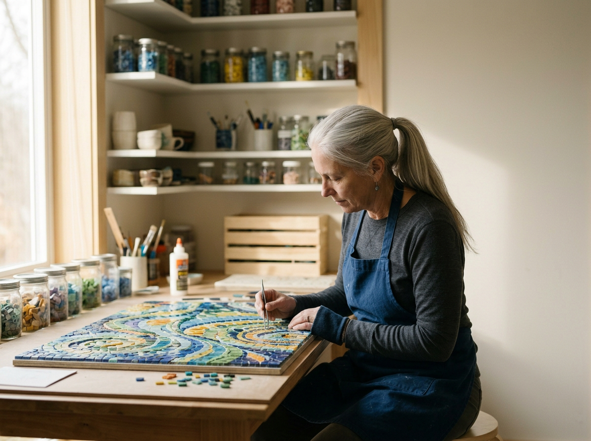 An older woman with gray hair in a ponytail creating a mosaic art piece at a worktable in a well-lit art studio, surrounded by jars of colorful mosaic tiles, glue, and art supplies.