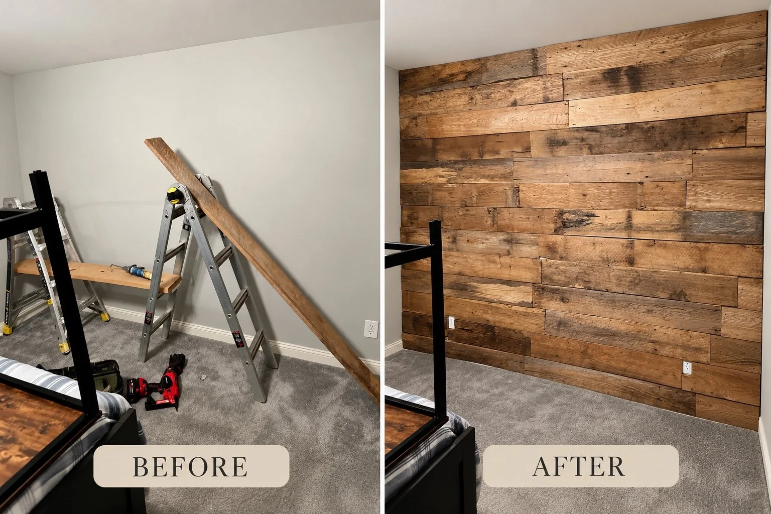 Before and after of a bedroom accent wall built with old barn wood supplied by the customer.