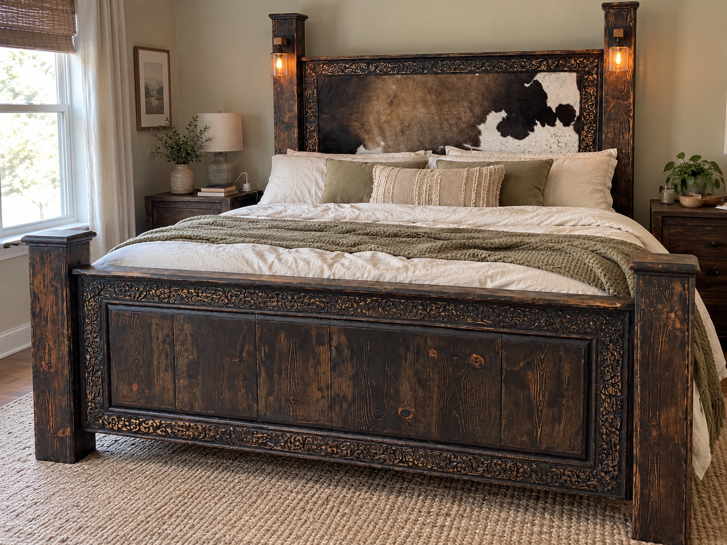 Custom king-size dark wood bed frame with cowhide headboard, carved trim, and built-in post lighting in a bedroom setting.